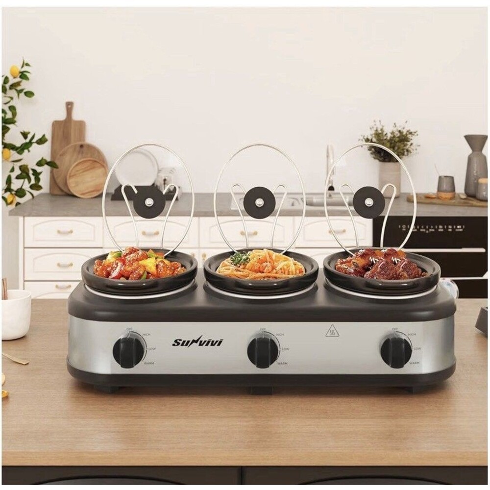 Triple Slow Cooker, Buffet Server and Food Warmer, Small Mini Pot with 3 Adjusta